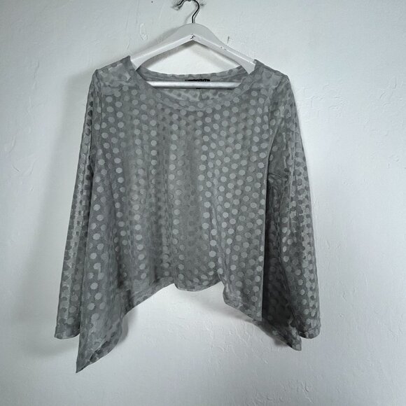 Kozan Womens Gray Polka Dot Sheer Mesh Long-Sleeve Asymmetric Hem Top Large - Picture 1 of 7